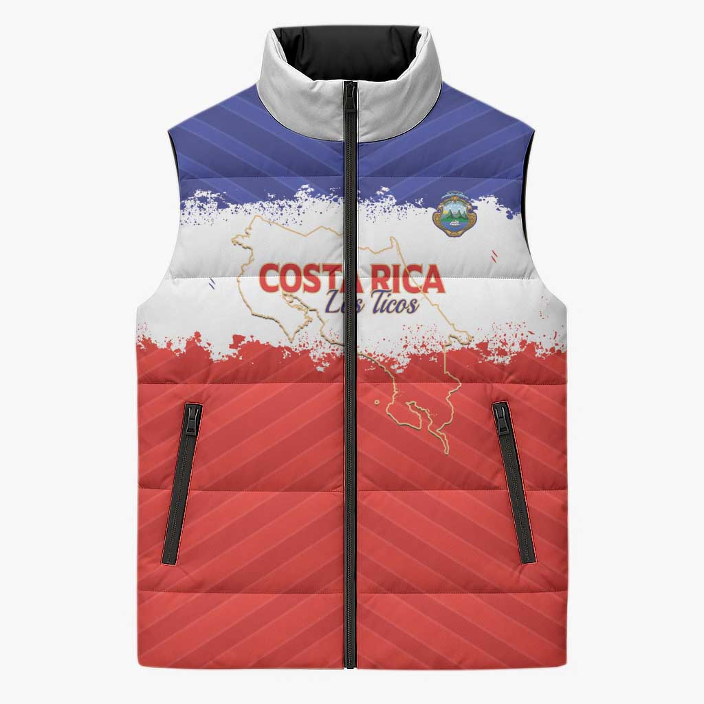Custom Costa Rica Football Sleeveless Puffer Jacket Map With Los Ticos Sporty Style - Wonder Print Shop