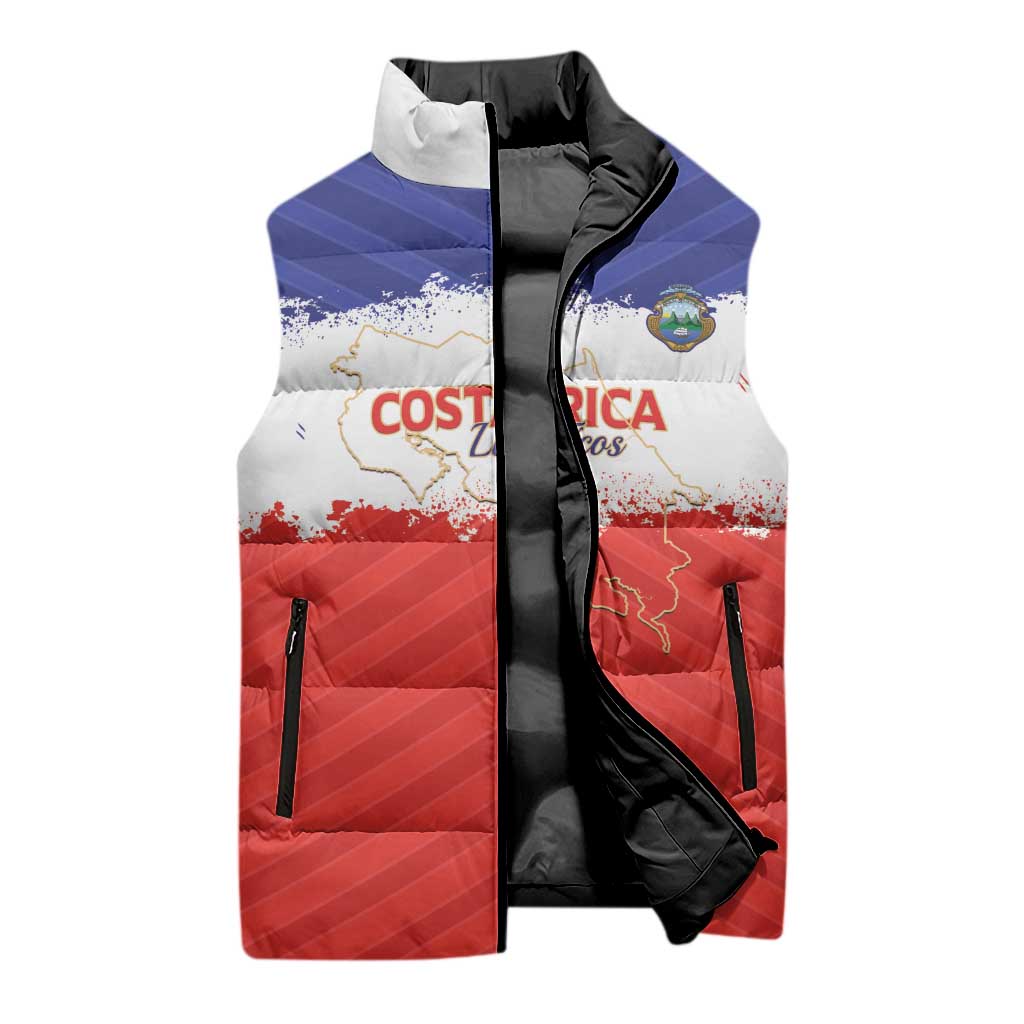 Custom Costa Rica Football Sleeveless Puffer Jacket Map With Los Ticos Sporty Style - Wonder Print Shop