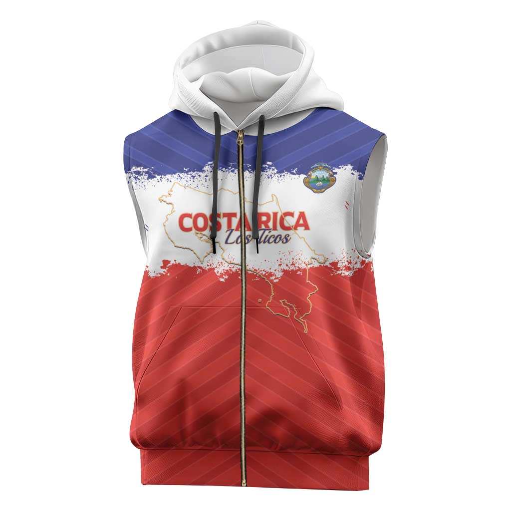 Custom Costa Rica Football Sleeveless Zip Hoodie Map With Los Ticos Sporty Style - Wonder Print Shop