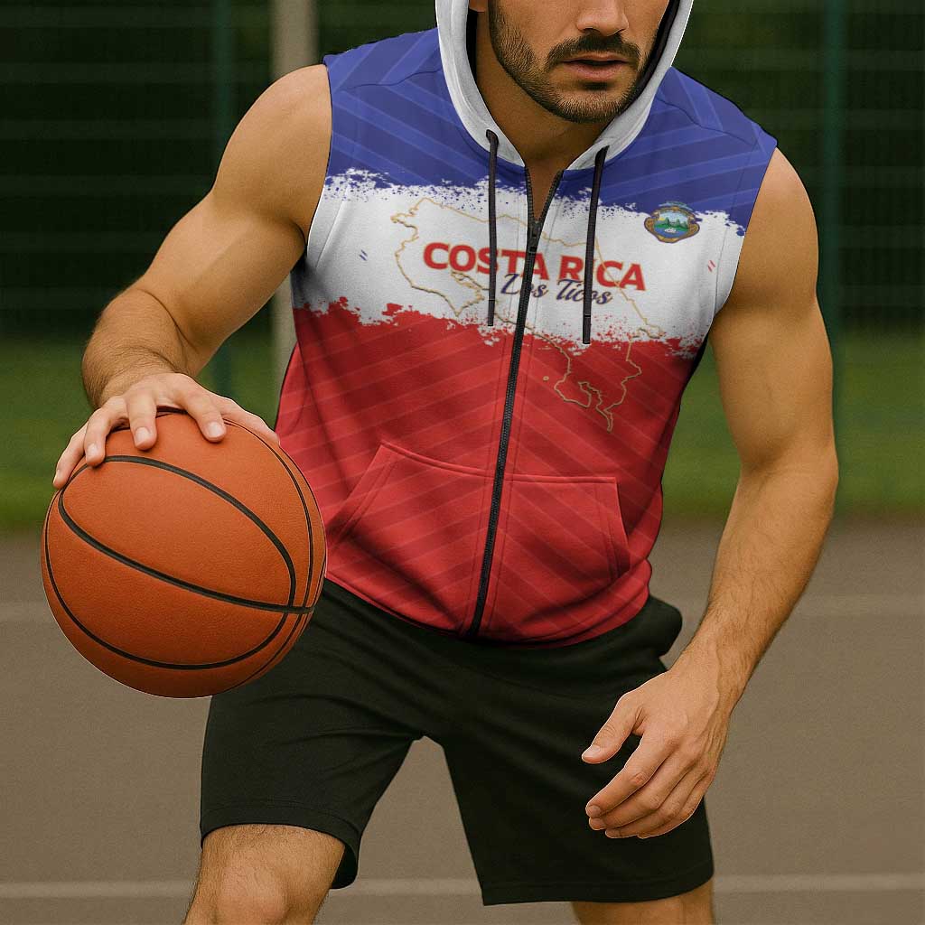 Custom Costa Rica Football Sleeveless Zip Hoodie Map With Los Ticos Sporty Style - Wonder Print Shop
