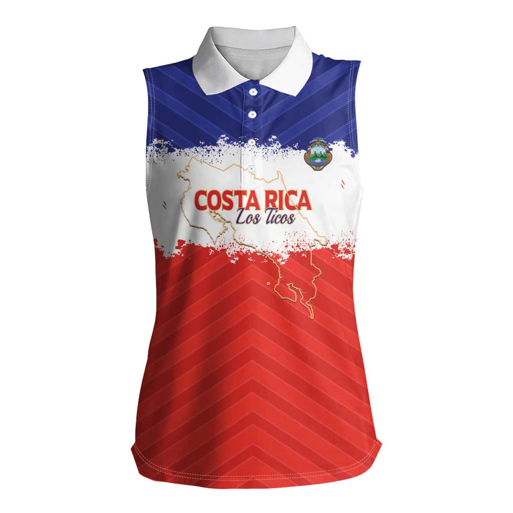 Custom Costa Rica Football Women Sleeveless Polo Shirt Map With Los Ticos Sporty Style - Wonder Print Shop