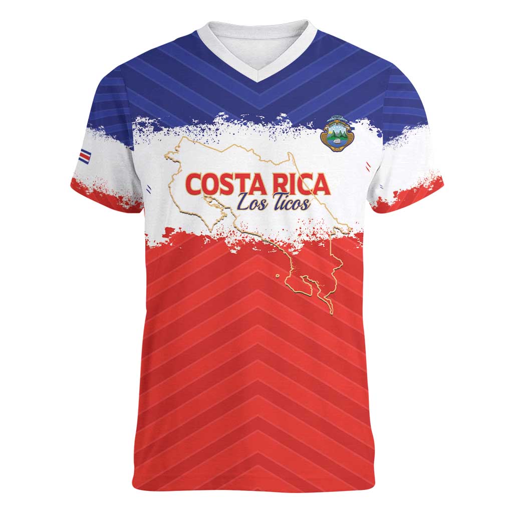 Custom Costa Rica Football Women V-Neck T-Shirt Map With Los Ticos Sporty Style - Wonder Print Shop