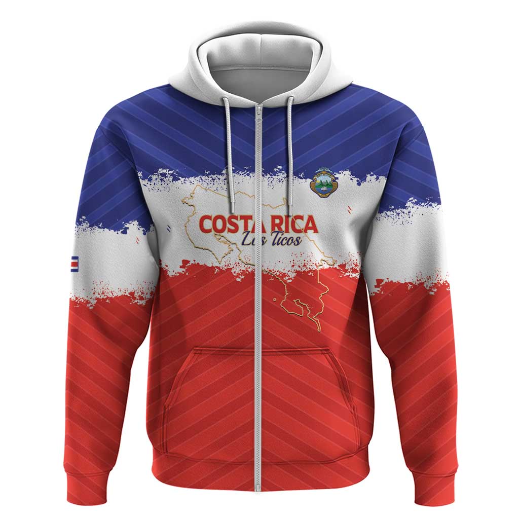 Custom Costa Rica Football Zip Hoodie Map With Los Ticos Sporty Style - Wonder Print Shop