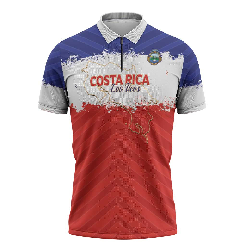Custom Costa Rica Football Zipper Polo Shirt Map With Los Ticos Sporty Style - Wonder Print Shop