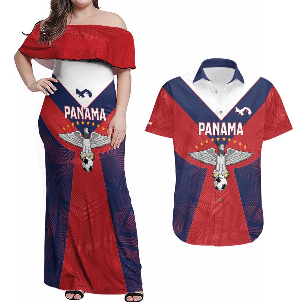Custom Panama Football Couples Matching Off Shoulder Maxi Dress and Hawaiian Shirt Los Canaleros Harpy Eagle - Wonder Print Shop