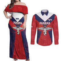 Custom Panama Football Couples Matching Off Shoulder Maxi Dress and Long Sleeve Button Shirt Los Canaleros Harpy Eagle - Wonder Print Shop