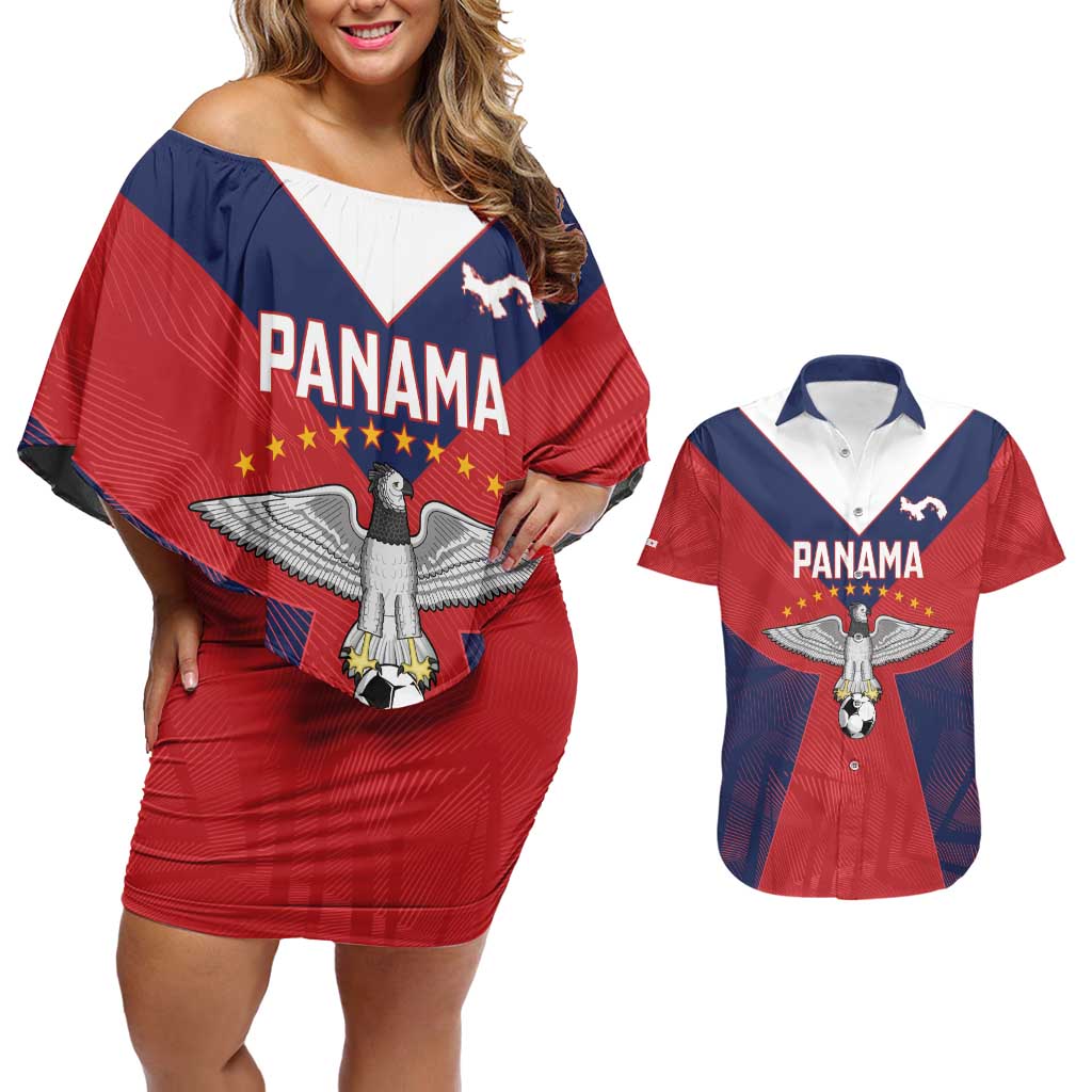Custom Panama Football Couples Matching Off Shoulder Short Dress and Hawaiian Shirt Los Canaleros Harpy Eagle - Wonder Print Shop