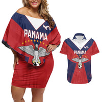 Custom Panama Football Couples Matching Off Shoulder Short Dress and Hawaiian Shirt Los Canaleros Harpy Eagle - Wonder Print Shop
