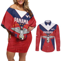 Custom Panama Football Couples Matching Off Shoulder Short Dress and Long Sleeve Button Shirt Los Canaleros Harpy Eagle - Wonder Print Shop