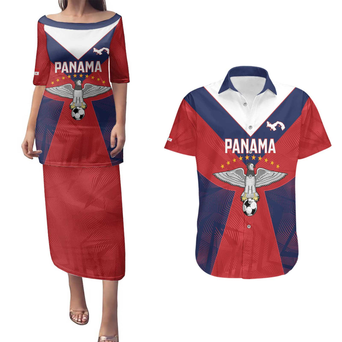 Custom Panama Football Couples Matching Puletasi and Hawaiian Shirt Los Canaleros Harpy Eagle - Wonder Print Shop