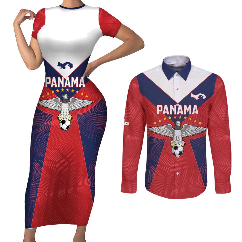 Custom Panama Football Couples Matching Short Sleeve Bodycon Dress and Long Sleeve Button Shirt Los Canaleros Harpy Eagle - Wonder Print Shop
