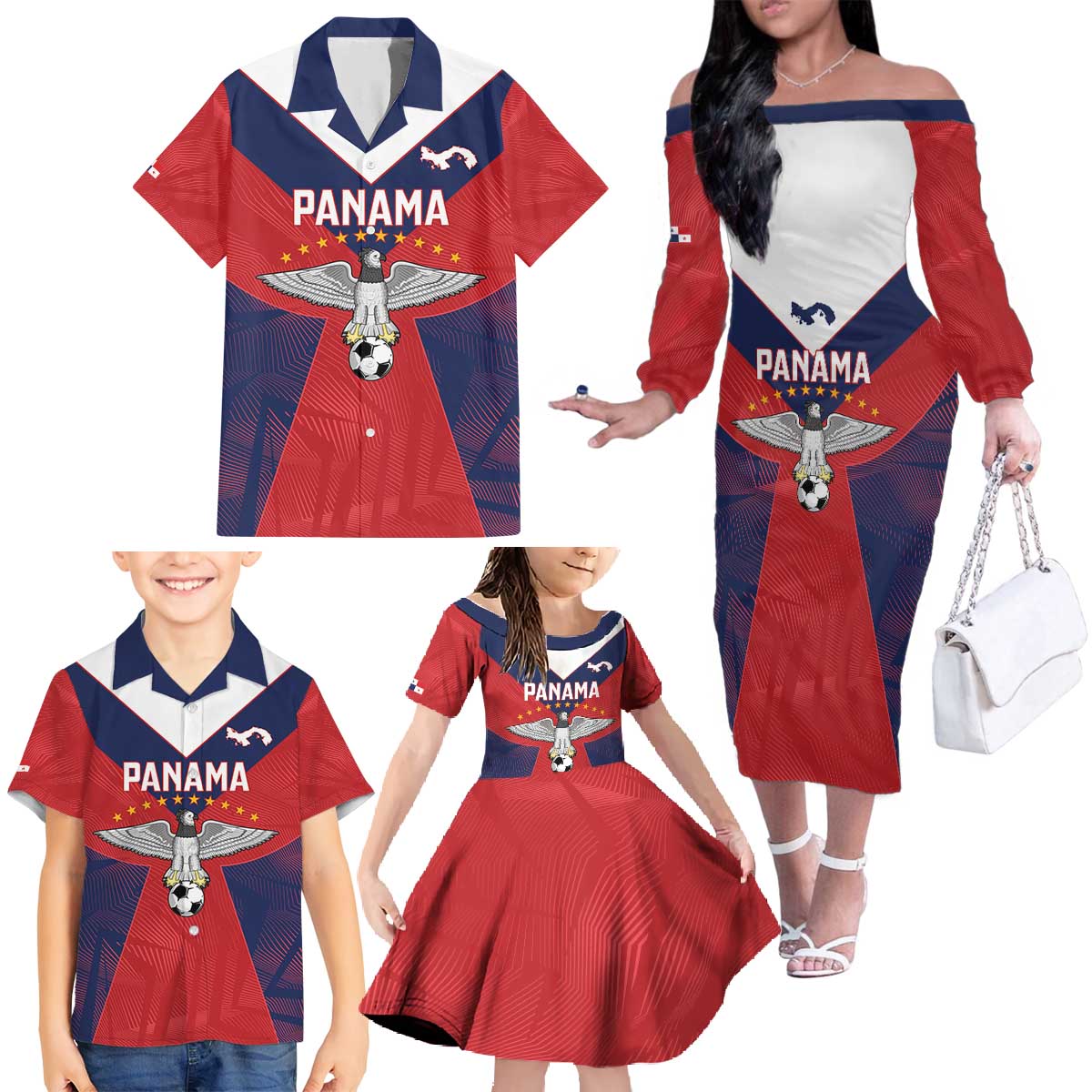 Custom Panama Football Family Matching Off The Shoulder Long Sleeve Dress and Hawaiian Shirt Los Canaleros Harpy Eagle - Wonder Print Shop