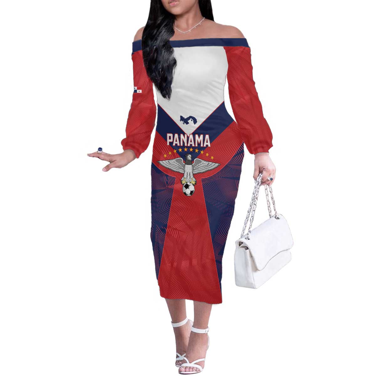Custom Panama Football Family Matching Off The Shoulder Long Sleeve Dress and Hawaiian Shirt Los Canaleros Harpy Eagle - Wonder Print Shop
