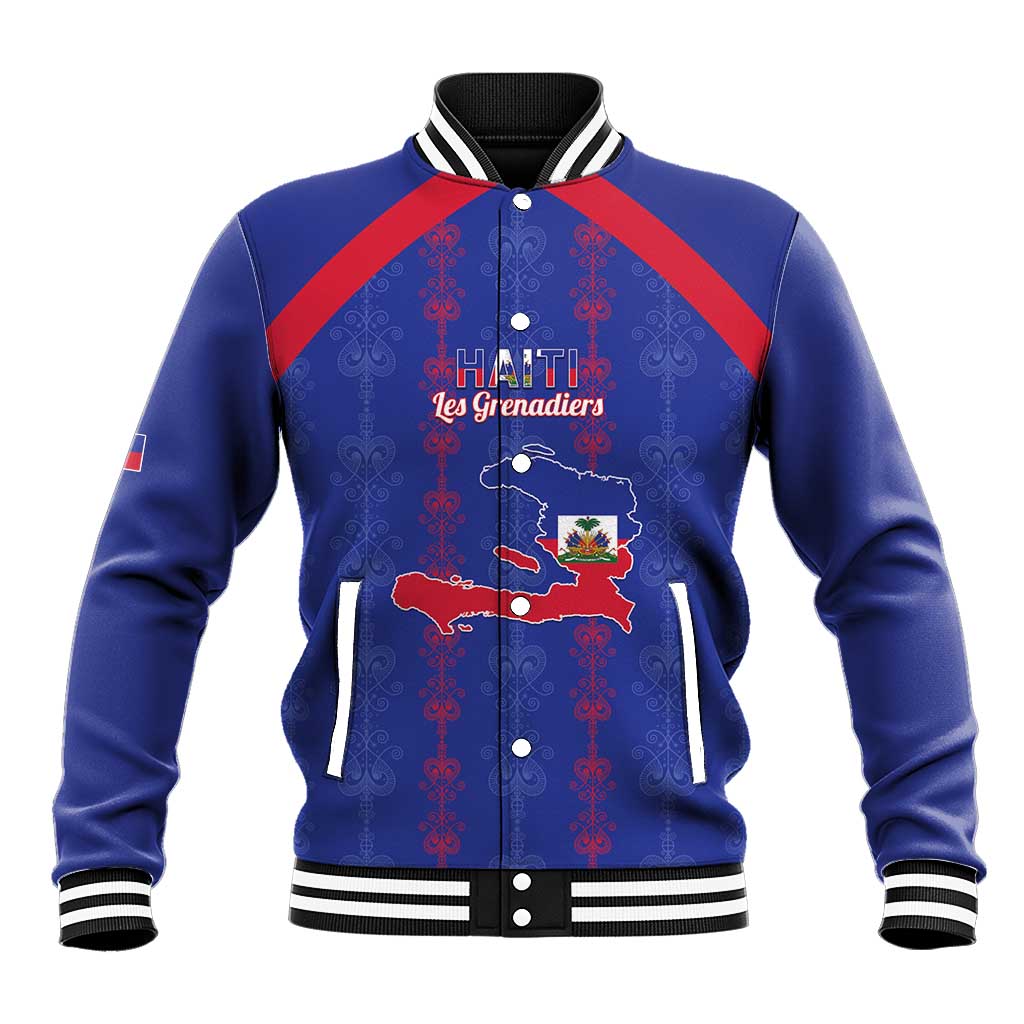 Custom Haiti Football Baseball Jacket Les Grenadiers Veve Vodou Blue - Wonder Print Shop