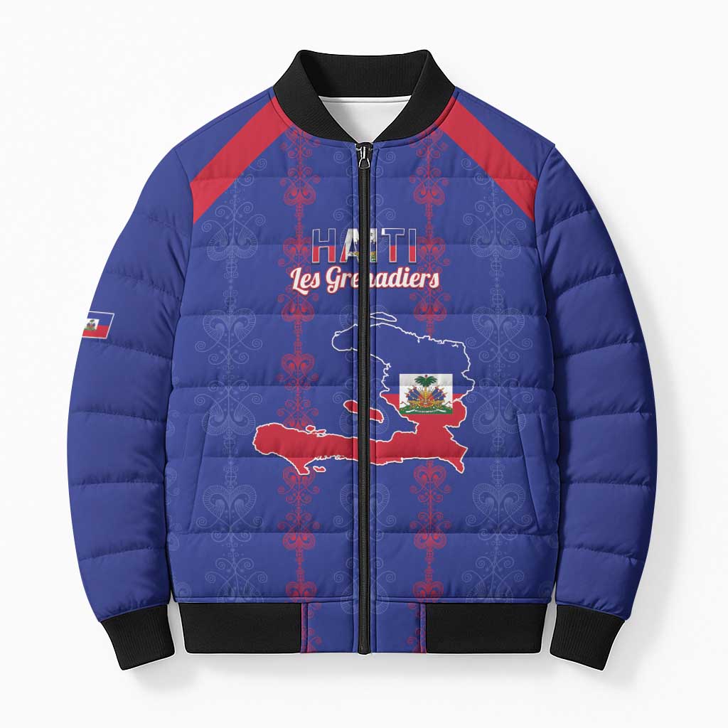 Custom Haiti Football Bomber Puffer Jacket Les Grenadiers Veve Vodou Blue - Wonder Print Shop