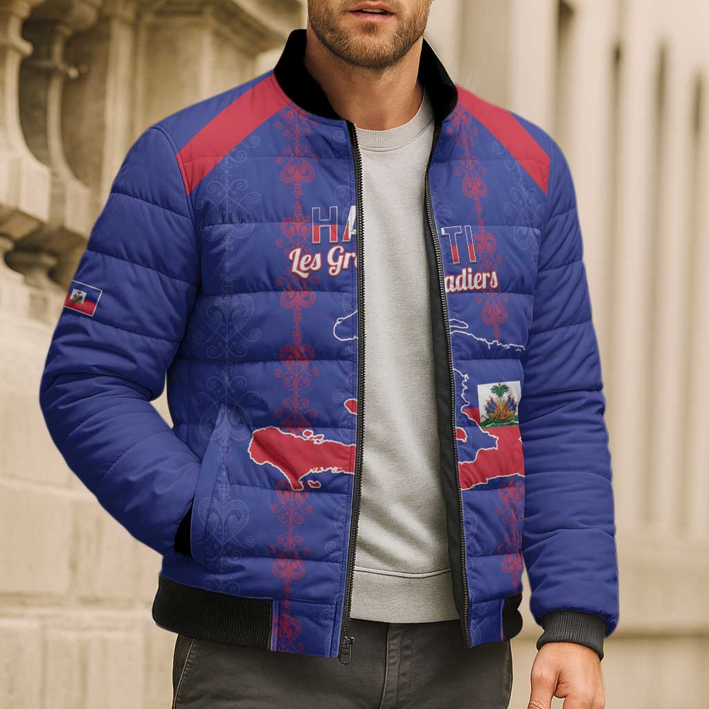 Custom Haiti Football Bomber Puffer Jacket Les Grenadiers Veve Vodou Blue - Wonder Print Shop