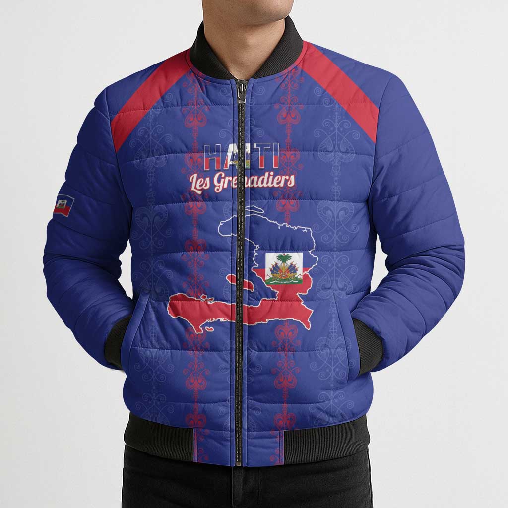 Custom Haiti Football Bomber Puffer Jacket Les Grenadiers Veve Vodou Blue - Wonder Print Shop