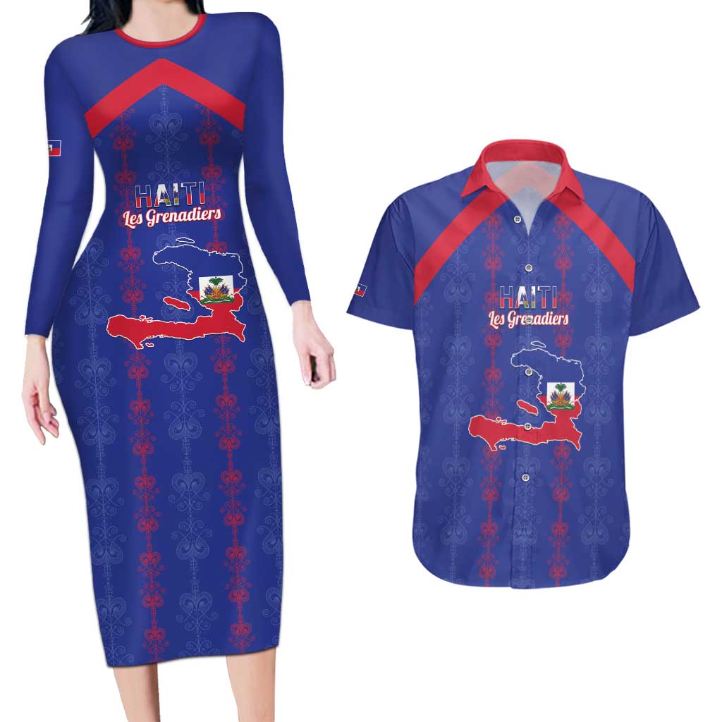 Custom Haiti Football Couples Matching Long Sleeve Bodycon Dress and Hawaiian Shirt Les Grenadiers Veve Vodou Blue - Wonder Print Shop
