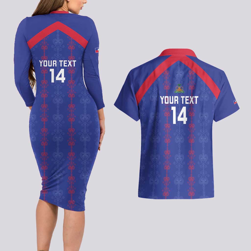 Custom Haiti Football Couples Matching Long Sleeve Bodycon Dress and Hawaiian Shirt Les Grenadiers Veve Vodou Blue - Wonder Print Shop