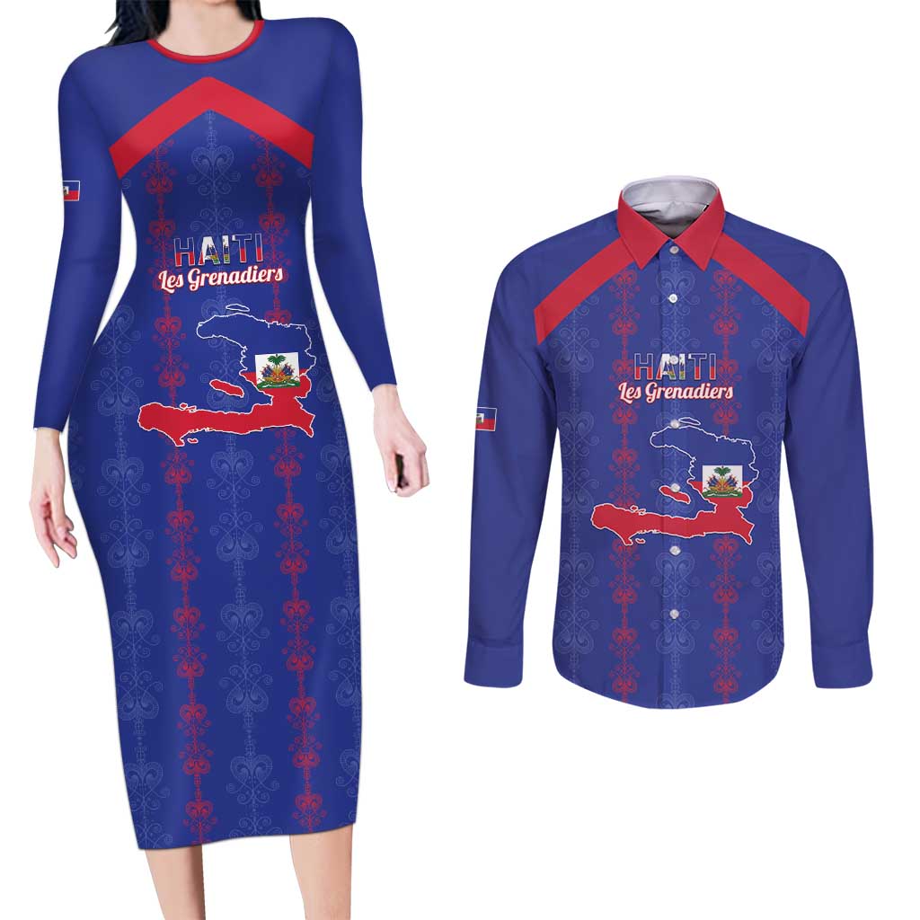 Custom Haiti Football Couples Matching Long Sleeve Bodycon Dress and Long Sleeve Button Shirt Les Grenadiers Veve Vodou Blue - Wonder Print Shop