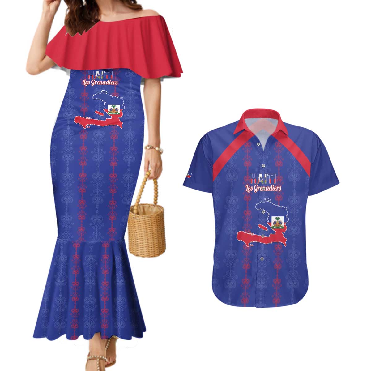 Custom Haiti Football Couples Matching Mermaid Dress and Hawaiian Shirt Les Grenadiers Veve Vodou Blue - Wonder Print Shop