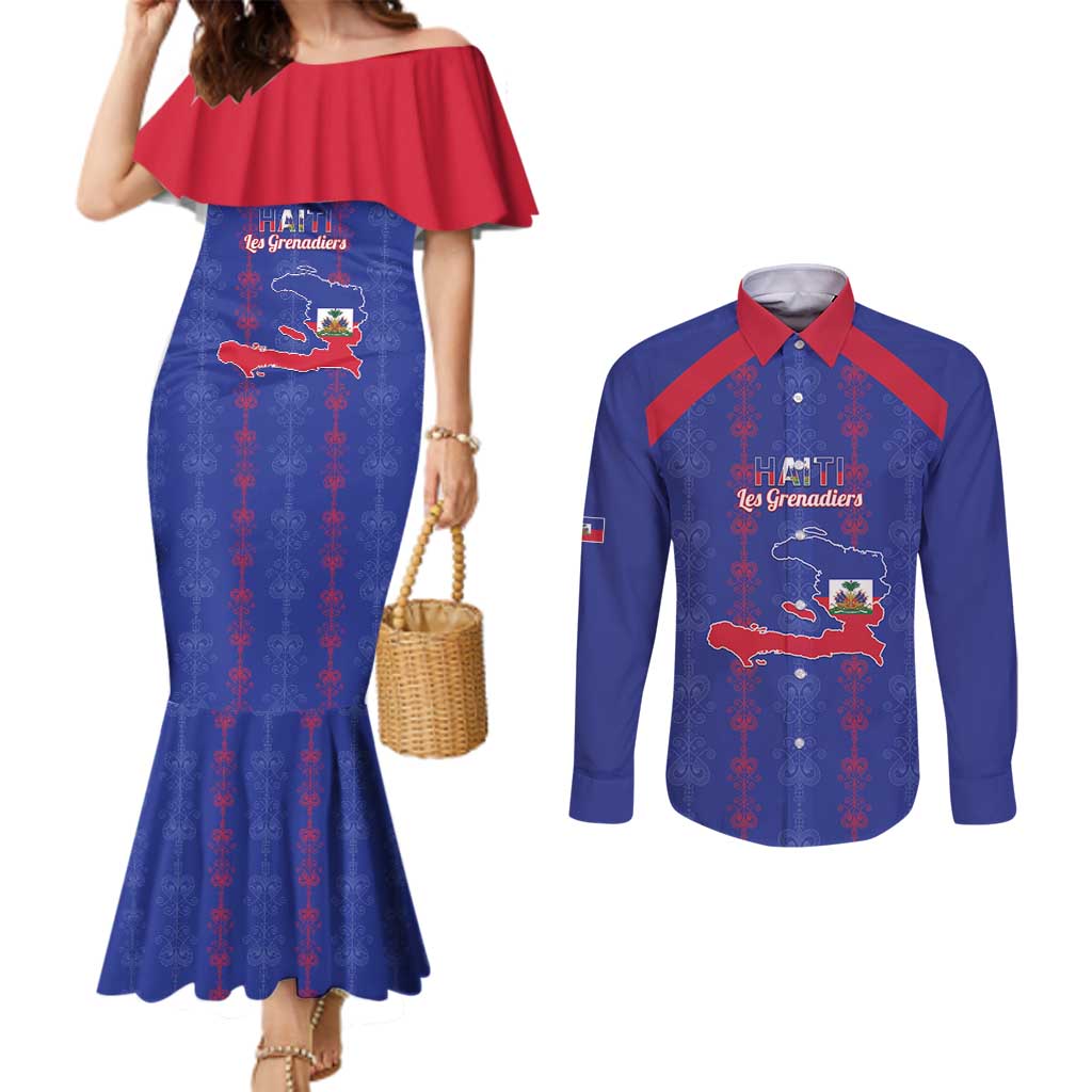 Custom Haiti Football Couples Matching Mermaid Dress and Long Sleeve Button Shirt Les Grenadiers Veve Vodou Blue - Wonder Print Shop
