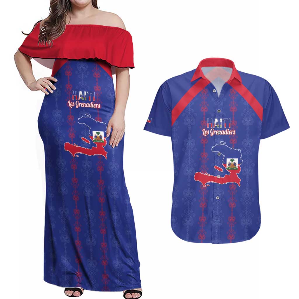 Custom Haiti Football Couples Matching Off Shoulder Maxi Dress and Hawaiian Shirt Les Grenadiers Veve Vodou Blue - Wonder Print Shop