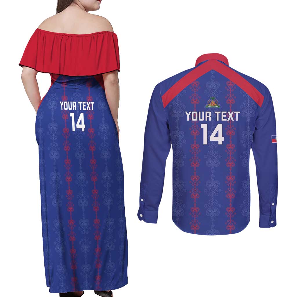 Custom Haiti Football Couples Matching Off Shoulder Maxi Dress and Long Sleeve Button Shirt Les Grenadiers Veve Vodou Blue - Wonder Print Shop