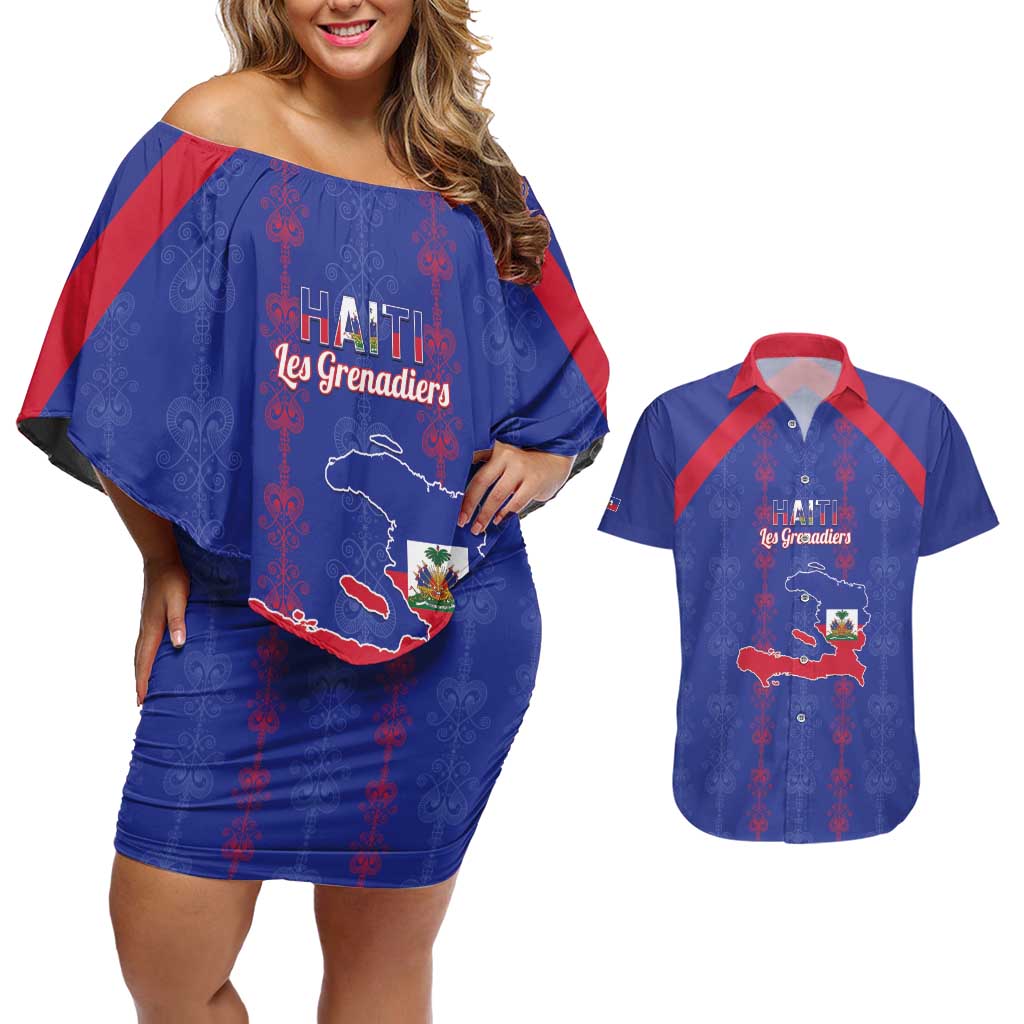 Custom Haiti Football Couples Matching Off Shoulder Short Dress and Hawaiian Shirt Les Grenadiers Veve Vodou Blue - Wonder Print Shop