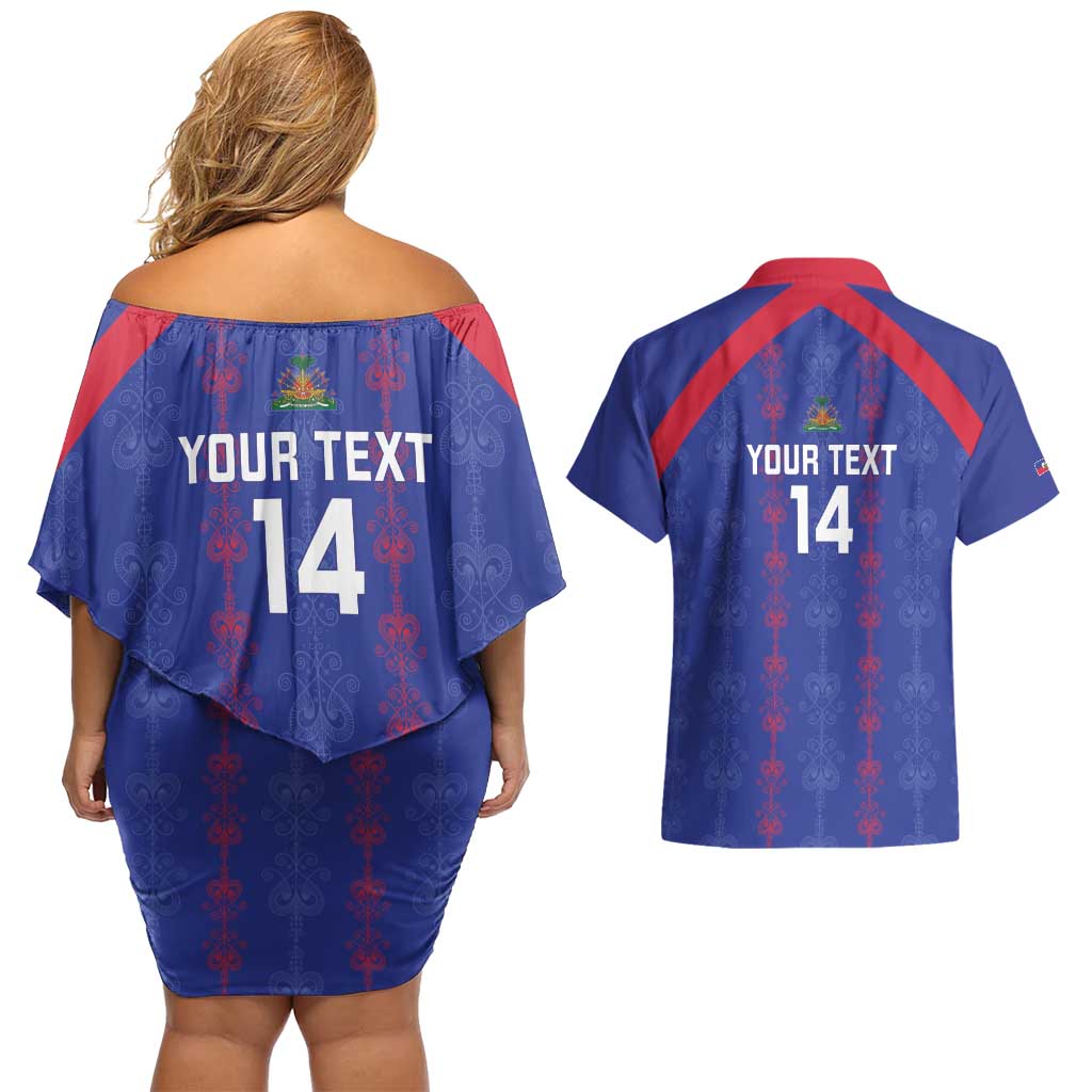 Custom Haiti Football Couples Matching Off Shoulder Short Dress and Hawaiian Shirt Les Grenadiers Veve Vodou Blue - Wonder Print Shop