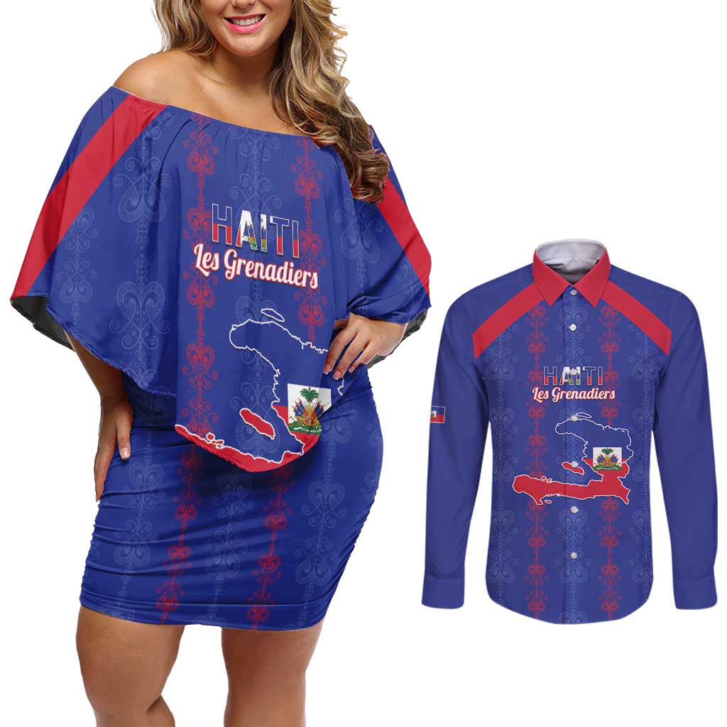 Custom Haiti Football Couples Matching Off Shoulder Short Dress and Long Sleeve Button Shirt Les Grenadiers Veve Vodou Blue - Wonder Print Shop