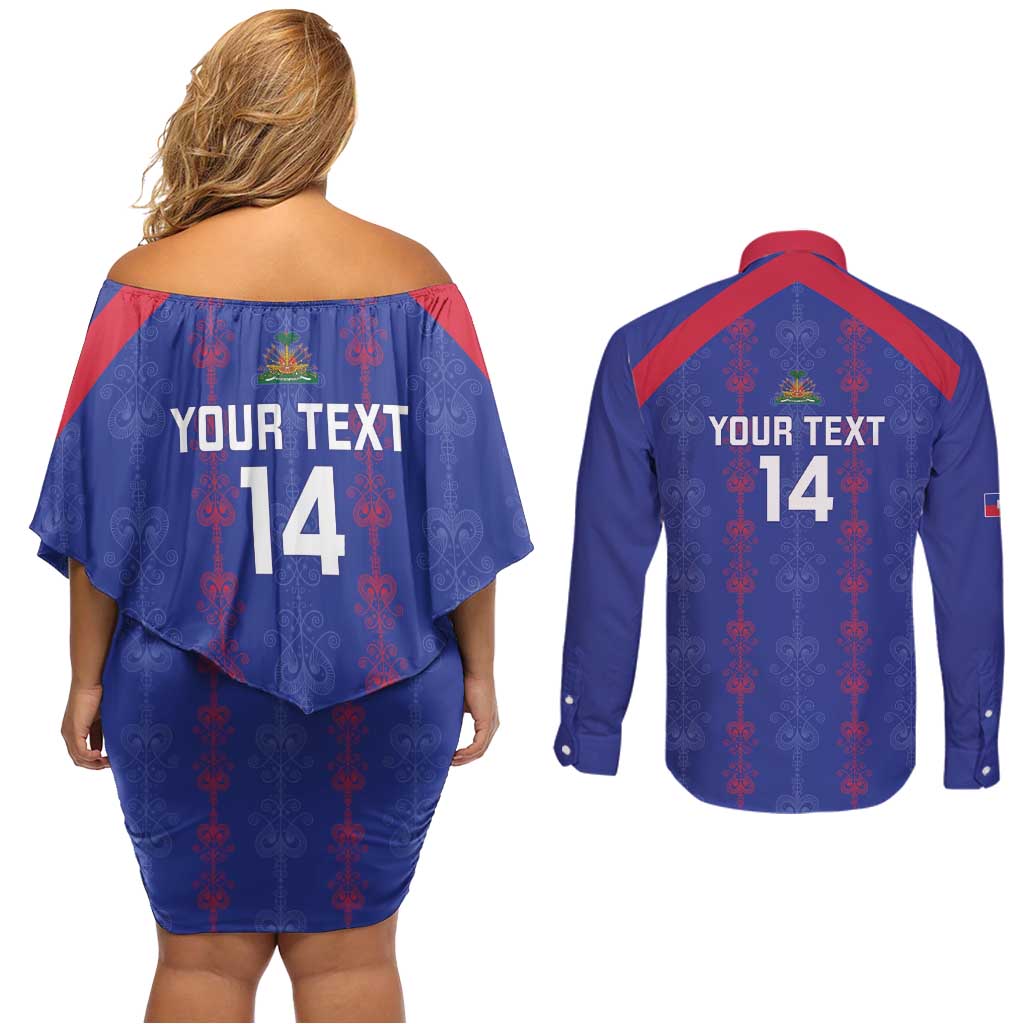 Custom Haiti Football Couples Matching Off Shoulder Short Dress and Long Sleeve Button Shirt Les Grenadiers Veve Vodou Blue - Wonder Print Shop