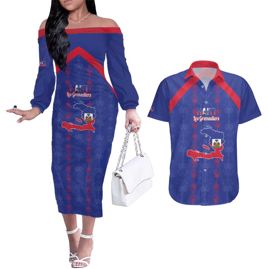 Custom Haiti Football Couples Matching Off The Shoulder Long Sleeve Dress and Hawaiian Shirt Les Grenadiers Veve Vodou Blue - Wonder Print Shop