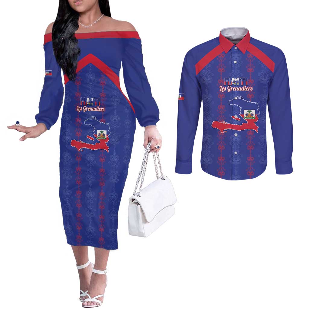 Custom Haiti Football Couples Matching Off The Shoulder Long Sleeve Dress and Long Sleeve Button Shirt Les Grenadiers Veve Vodou Blue - Wonder Print Shop