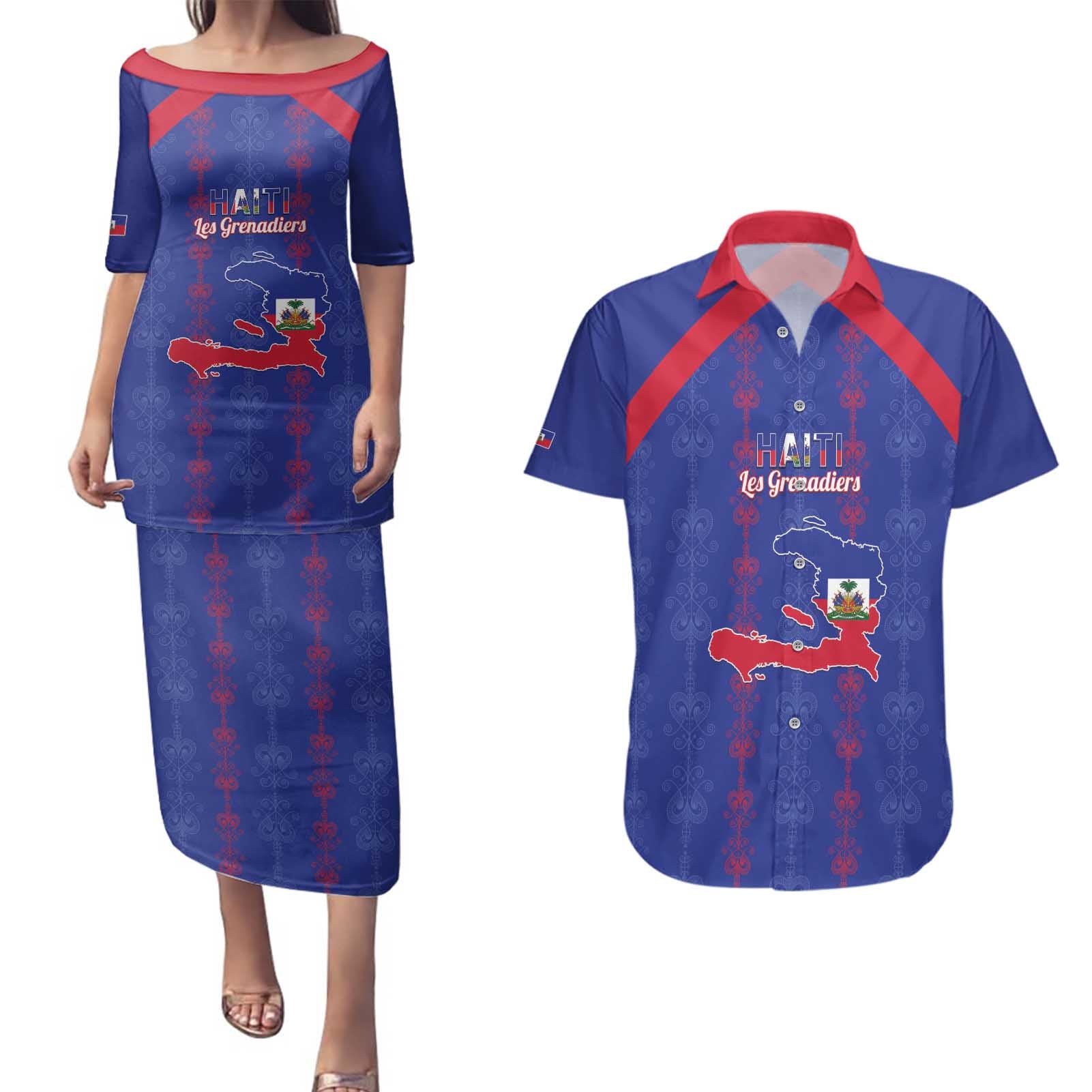 Custom Haiti Football Couples Matching Puletasi and Hawaiian Shirt Les Grenadiers Veve Vodou Blue - Wonder Print Shop