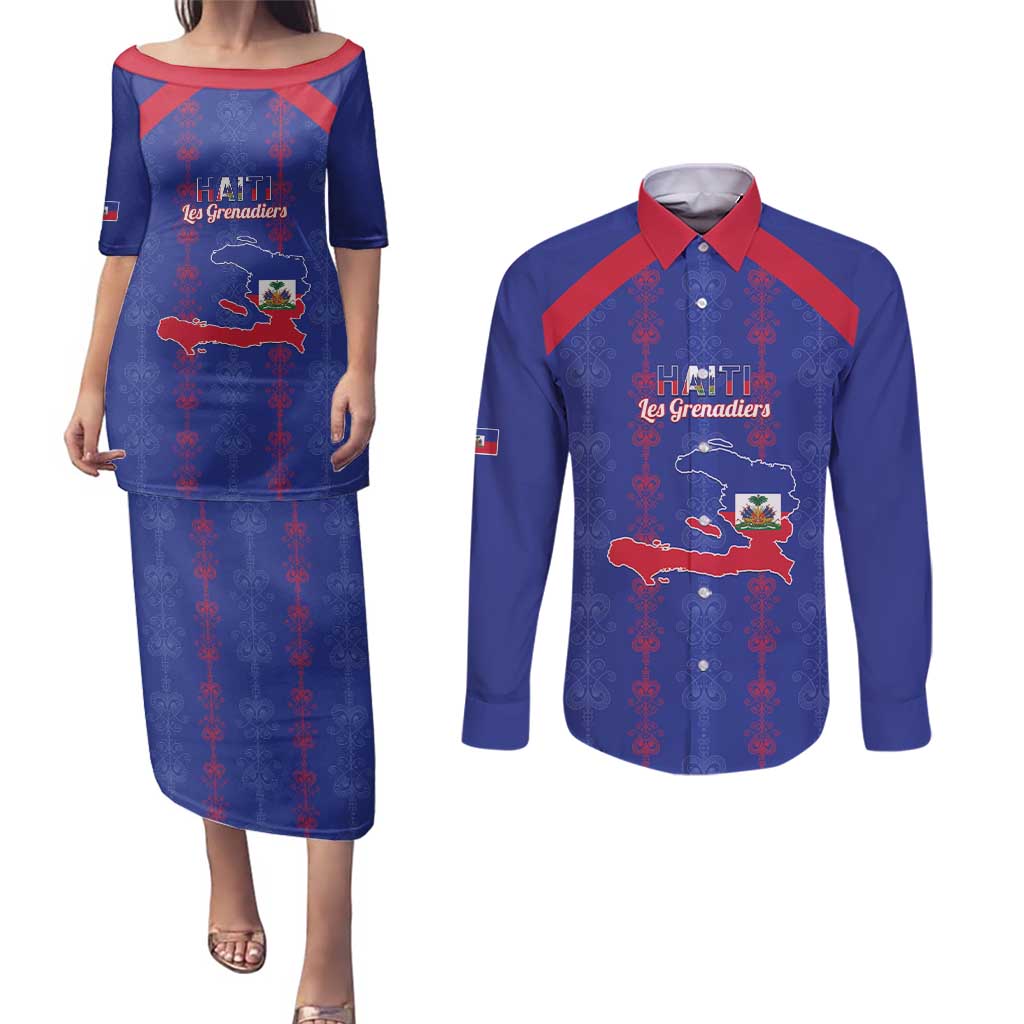 Custom Haiti Football Couples Matching Puletasi and Long Sleeve Button Shirt Les Grenadiers Veve Vodou Blue - Wonder Print Shop