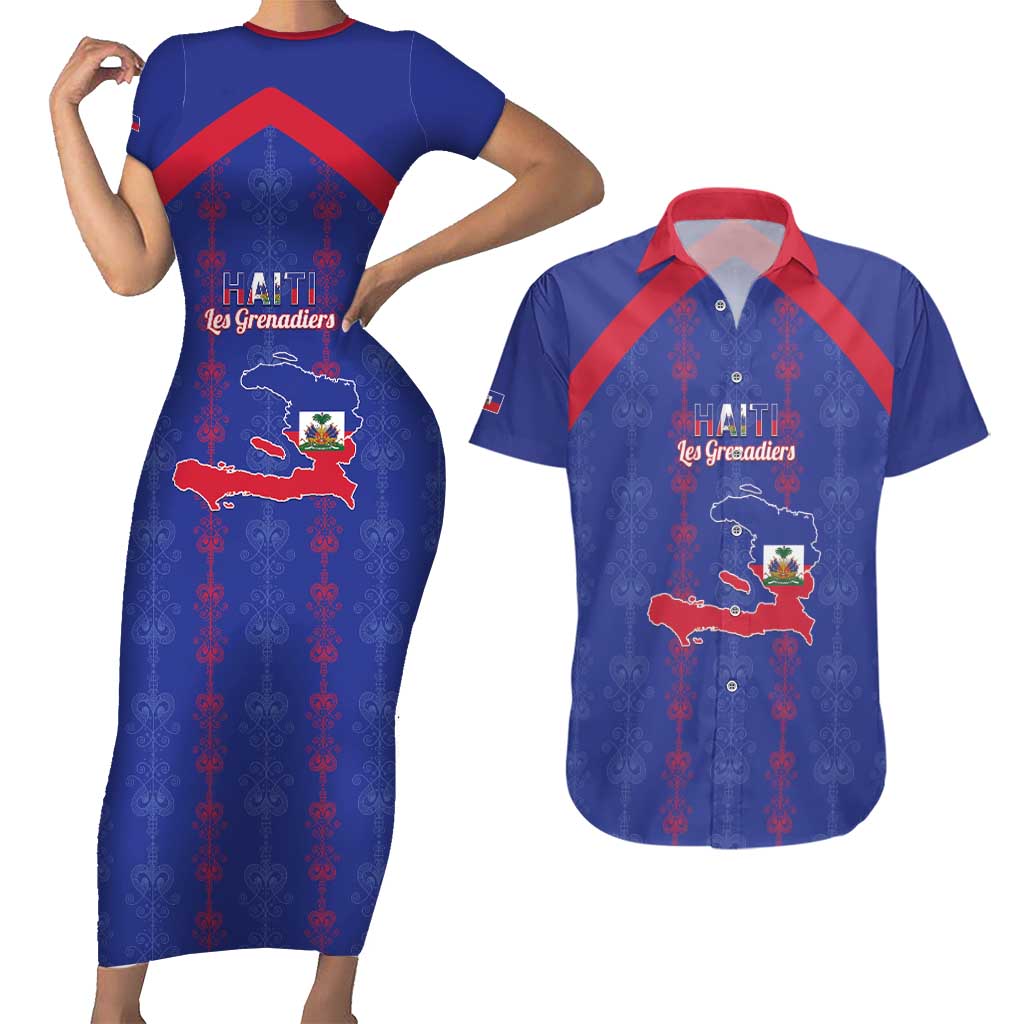 Custom Haiti Football Couples Matching Short Sleeve Bodycon Dress and Hawaiian Shirt Les Grenadiers Veve Vodou Blue - Wonder Print Shop