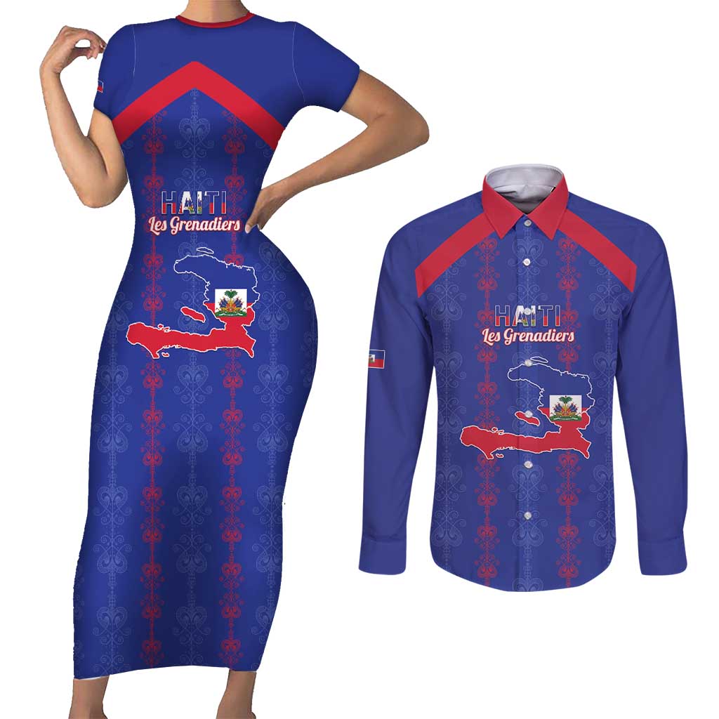 Custom Haiti Football Couples Matching Short Sleeve Bodycon Dress and Long Sleeve Button Shirt Les Grenadiers Veve Vodou Blue - Wonder Print Shop