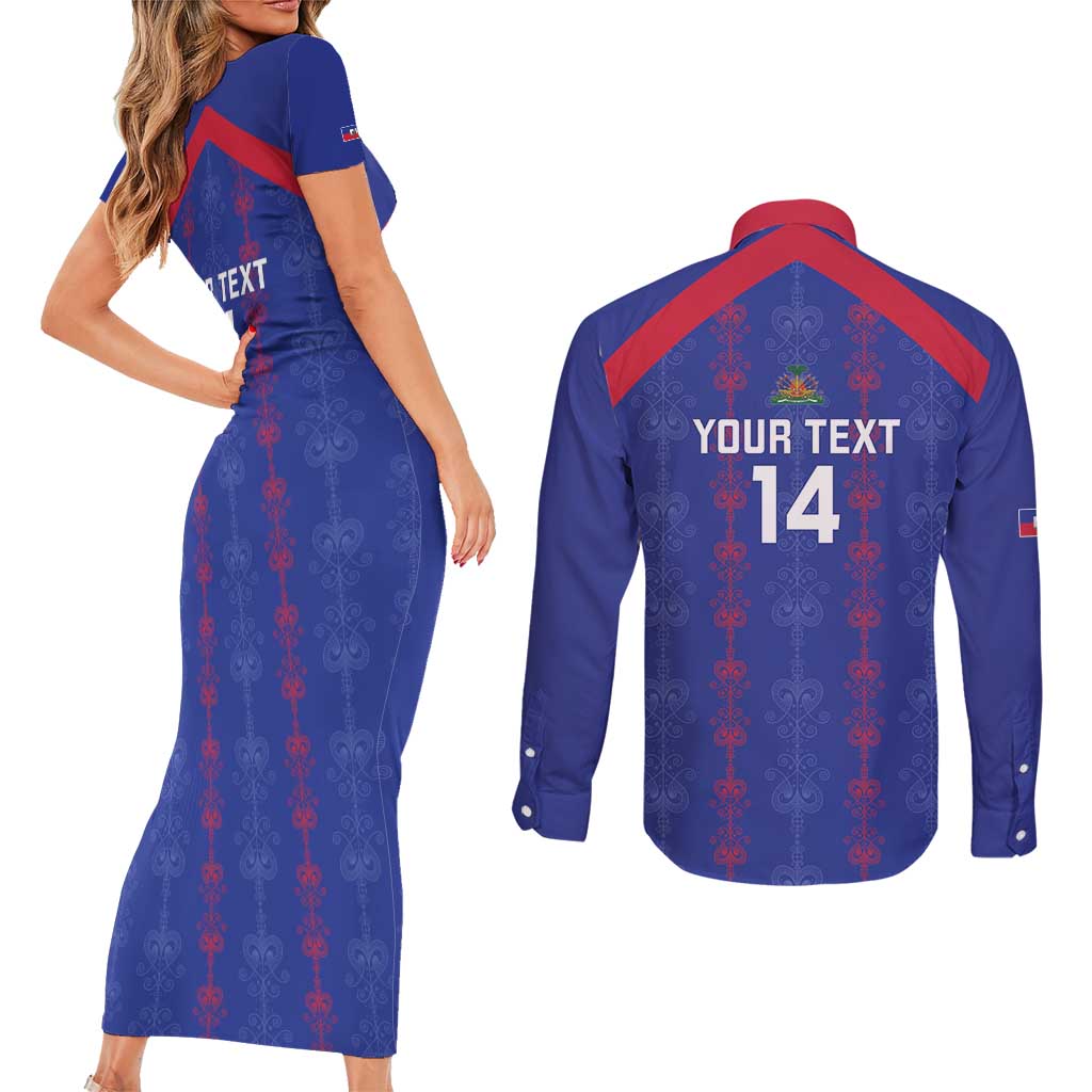 Custom Haiti Football Couples Matching Short Sleeve Bodycon Dress and Long Sleeve Button Shirt Les Grenadiers Veve Vodou Blue - Wonder Print Shop