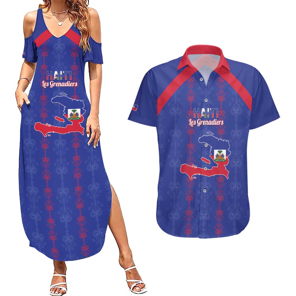 Custom Haiti Football Couples Matching Summer Maxi Dress and Hawaiian Shirt Les Grenadiers Veve Vodou Blue - Wonder Print Shop