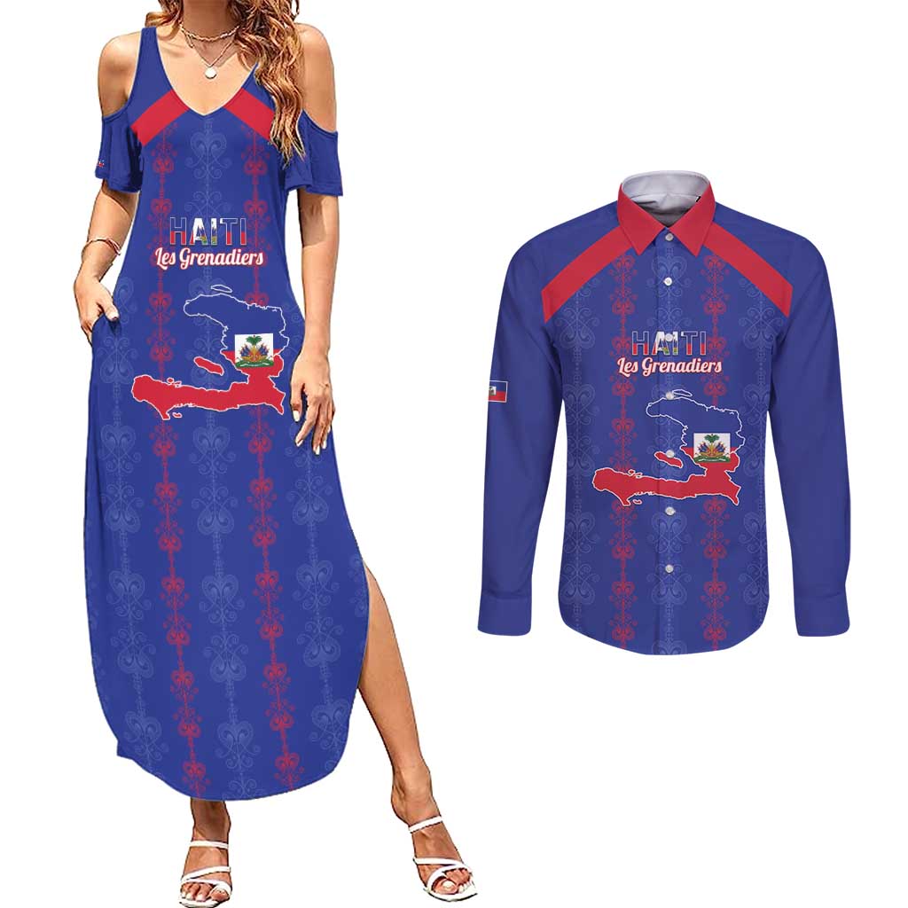 Custom Haiti Football Couples Matching Summer Maxi Dress and Long Sleeve Button Shirt Les Grenadiers Veve Vodou Blue - Wonder Print Shop