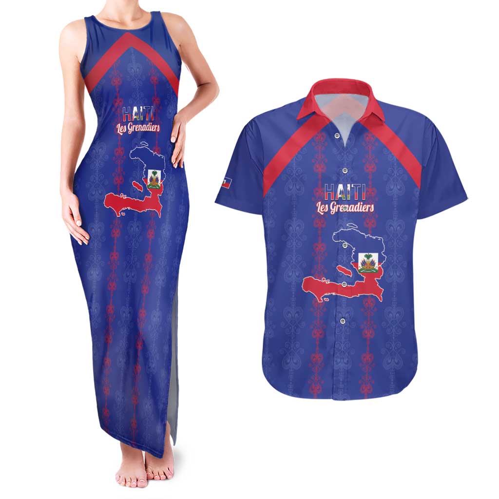 Custom Haiti Football Couples Matching Tank Maxi Dress and Hawaiian Shirt Les Grenadiers Veve Vodou Blue - Wonder Print Shop