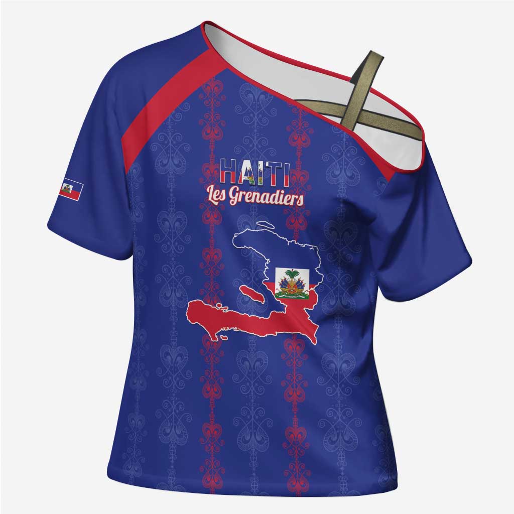 Custom Haiti Football Cross Shoulder Shirt Les Grenadiers Veve Vodou Blue - Wonder Print Shop