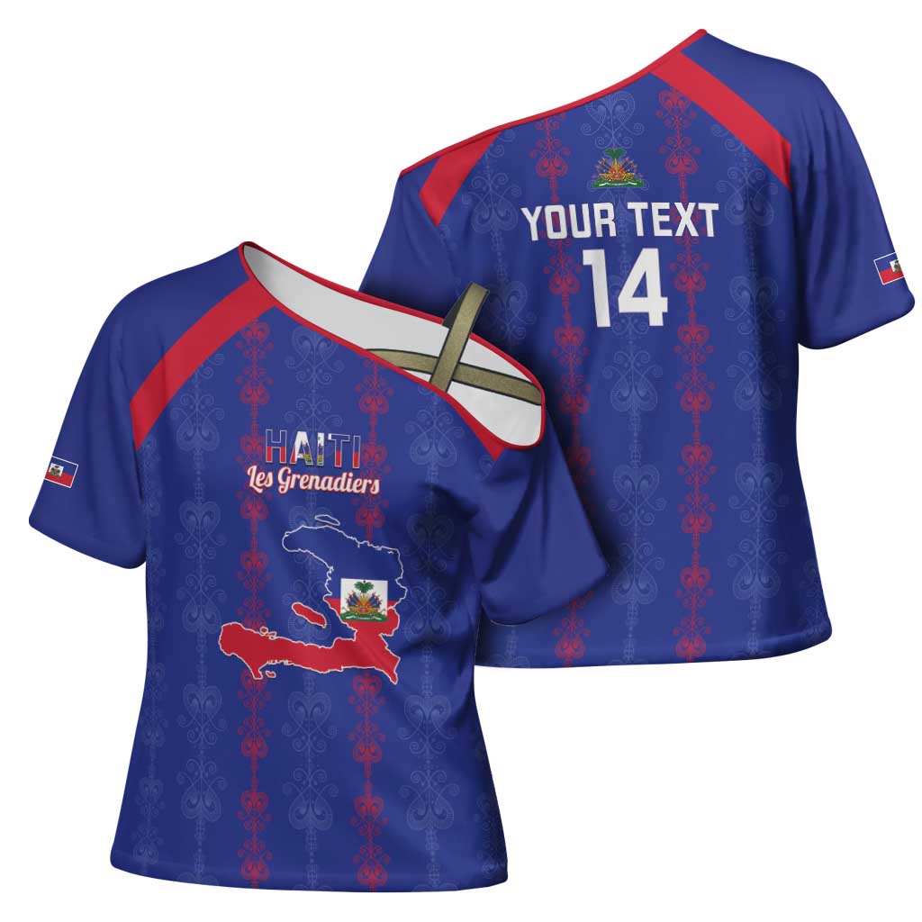 Custom Haiti Football Cross Shoulder Shirt Les Grenadiers Veve Vodou Blue - Wonder Print Shop
