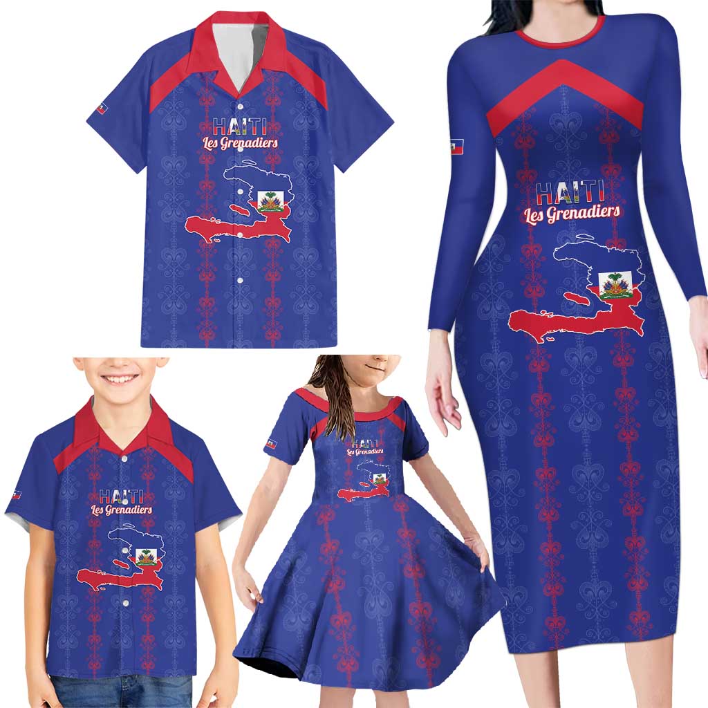 Custom Haiti Football Family Matching Long Sleeve Bodycon Dress and Hawaiian Shirt Les Grenadiers Veve Vodou Blue - Wonder Print Shop