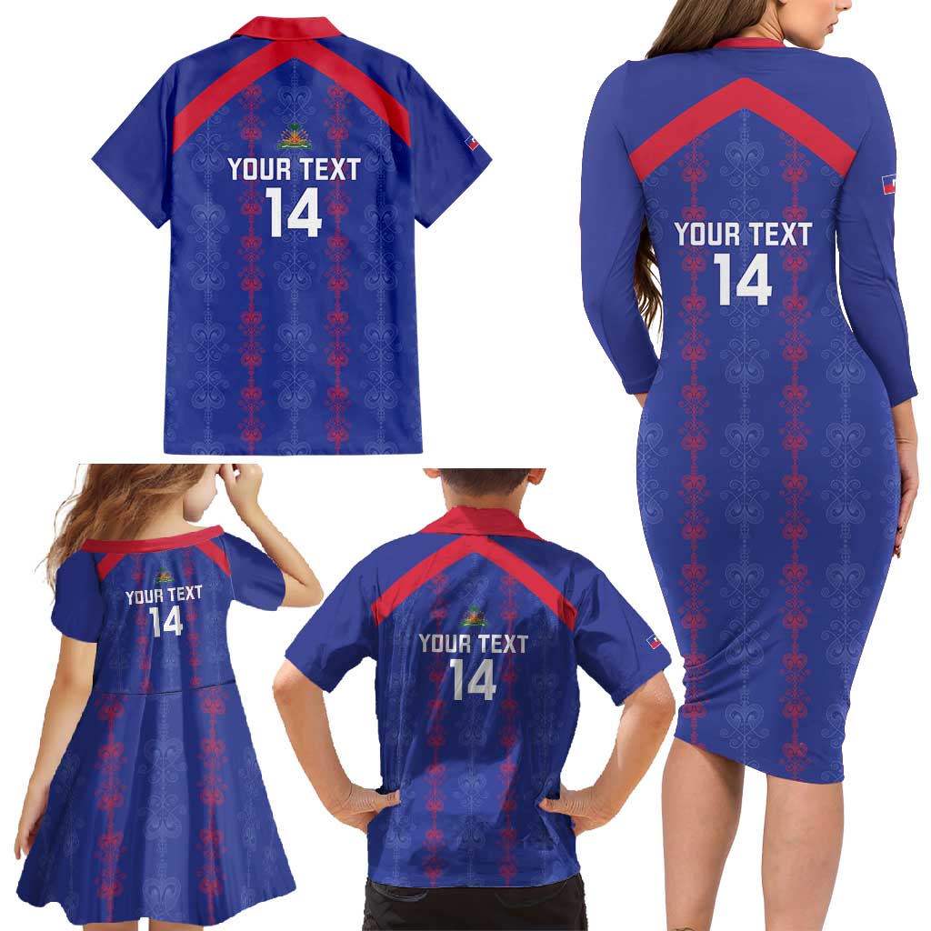 Custom Haiti Football Family Matching Long Sleeve Bodycon Dress and Hawaiian Shirt Les Grenadiers Veve Vodou Blue - Wonder Print Shop