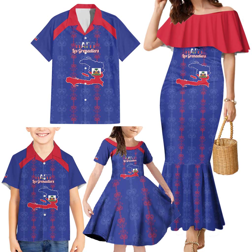 Custom Haiti Football Family Matching Mermaid Dress and Hawaiian Shirt Les Grenadiers Veve Vodou Blue - Wonder Print Shop
