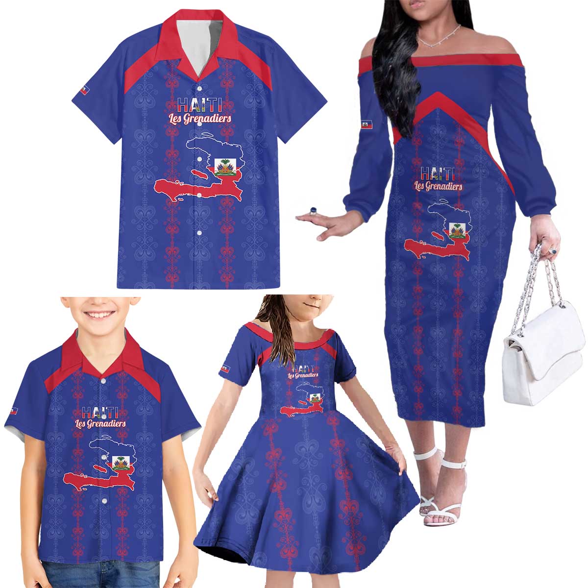 Custom Haiti Football Family Matching Off The Shoulder Long Sleeve Dress and Hawaiian Shirt Les Grenadiers Veve Vodou Blue - Wonder Print Shop