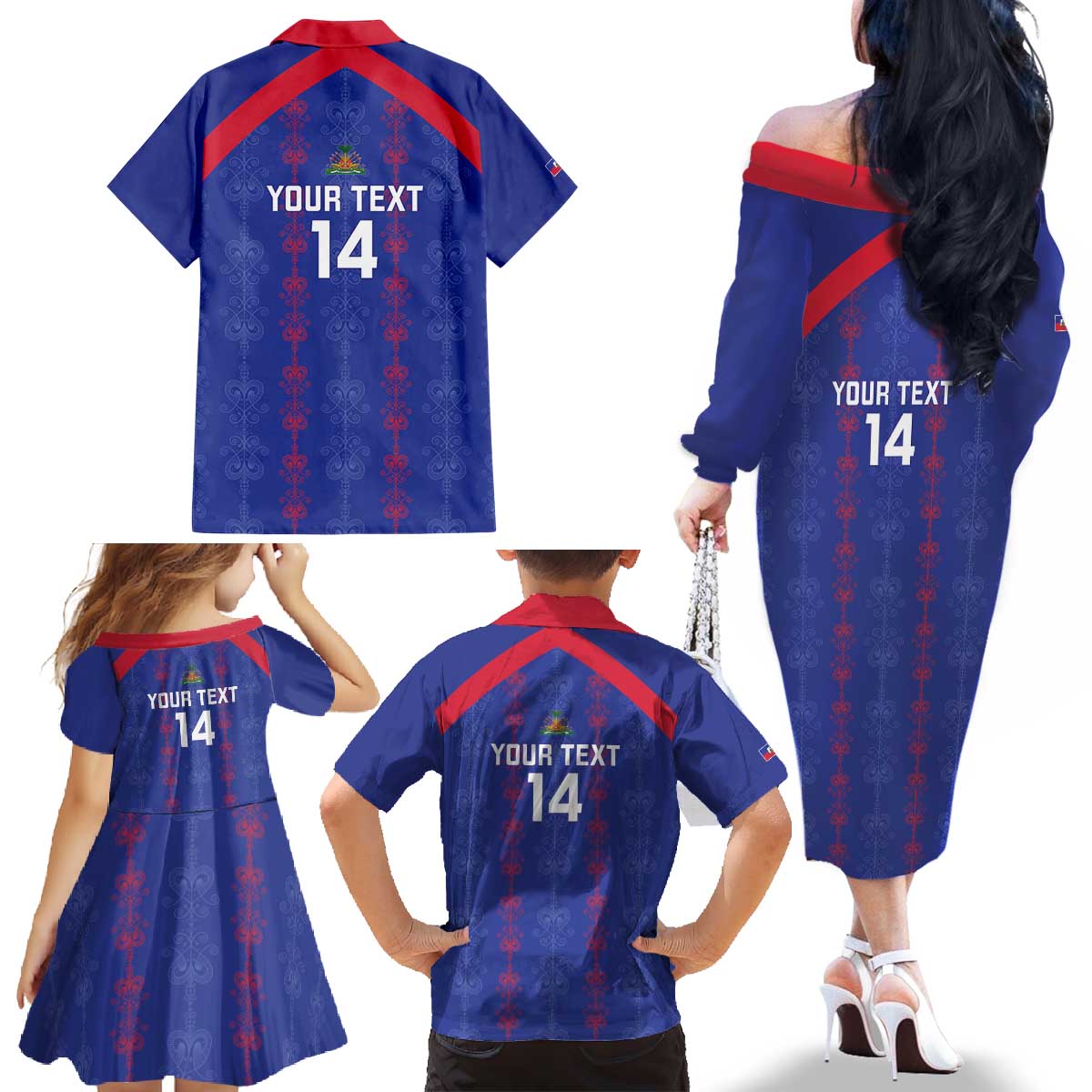 Custom Haiti Football Family Matching Off The Shoulder Long Sleeve Dress and Hawaiian Shirt Les Grenadiers Veve Vodou Blue - Wonder Print Shop