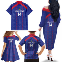 Custom Haiti Football Family Matching Off The Shoulder Long Sleeve Dress and Hawaiian Shirt Les Grenadiers Veve Vodou Blue - Wonder Print Shop